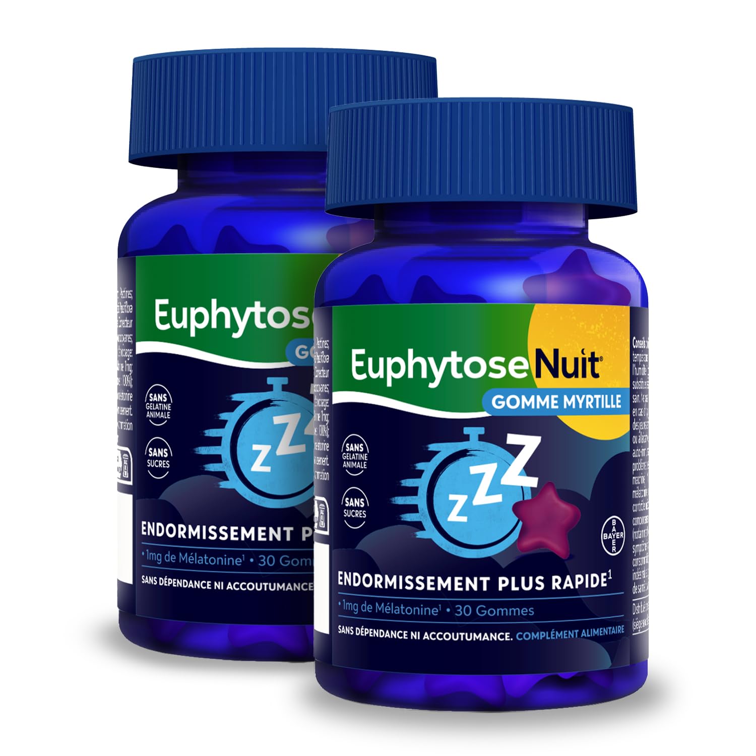 Gummies Sommeil Myrtille, 1 mg Melatonine, complément alimentaire, Vitamine B6, Endormissement plus rapide* - 2x30 Gommes - Sans Sucres - Goût Myrtille - EuphytoseNuit®