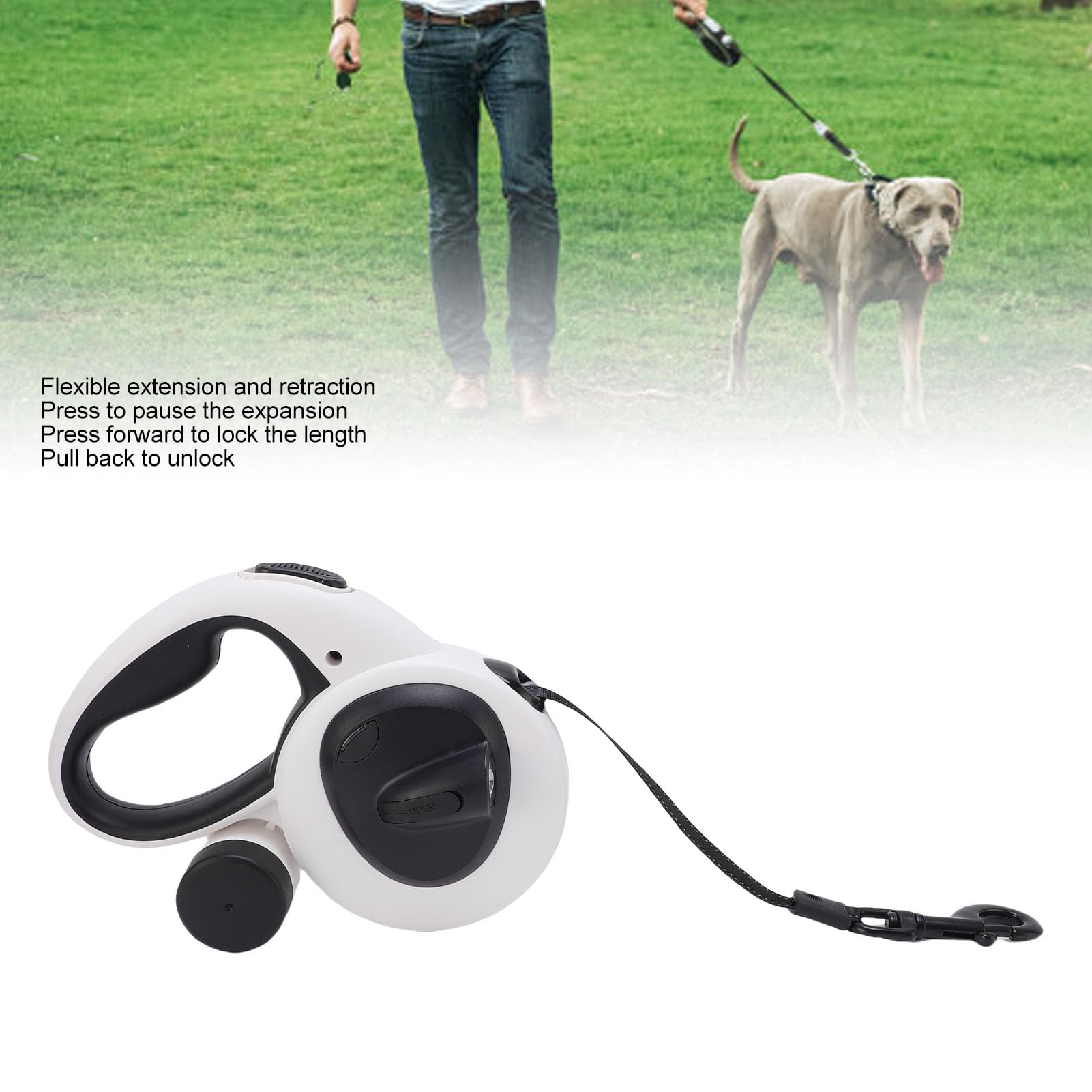 One Touch Retractable Thick Dog Leash for Large Dogs with Bag Dispenser and Flashlight, Chew Proof Cable, Reflective Tape - Image 4