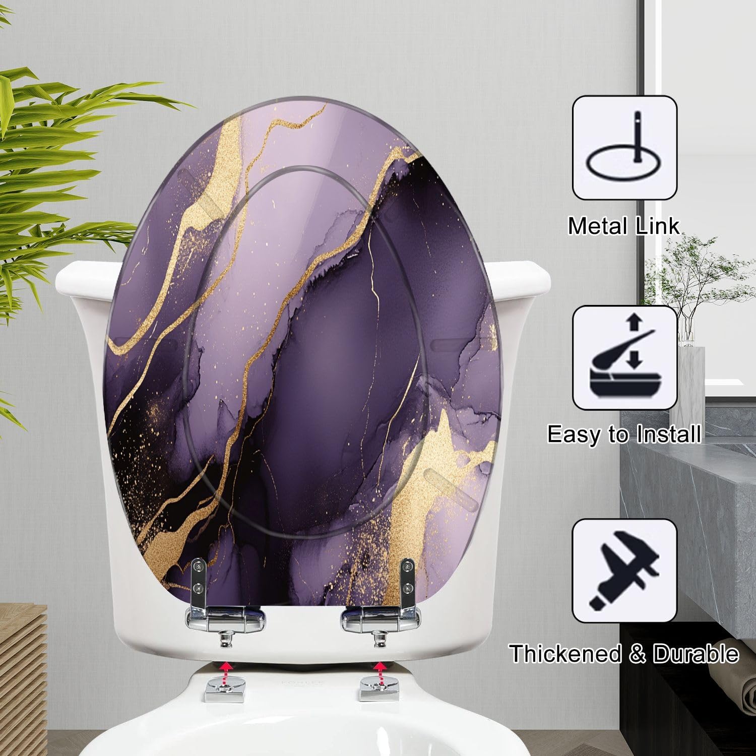 Elongated Toilet Seat Purple marble gold stripes alcohol ink Luxury violet black watercolor Resin Toilet Seat Slow Quiet Close Lid with Quick-Release Hinges Cover Bumpers Easy to Clean Install