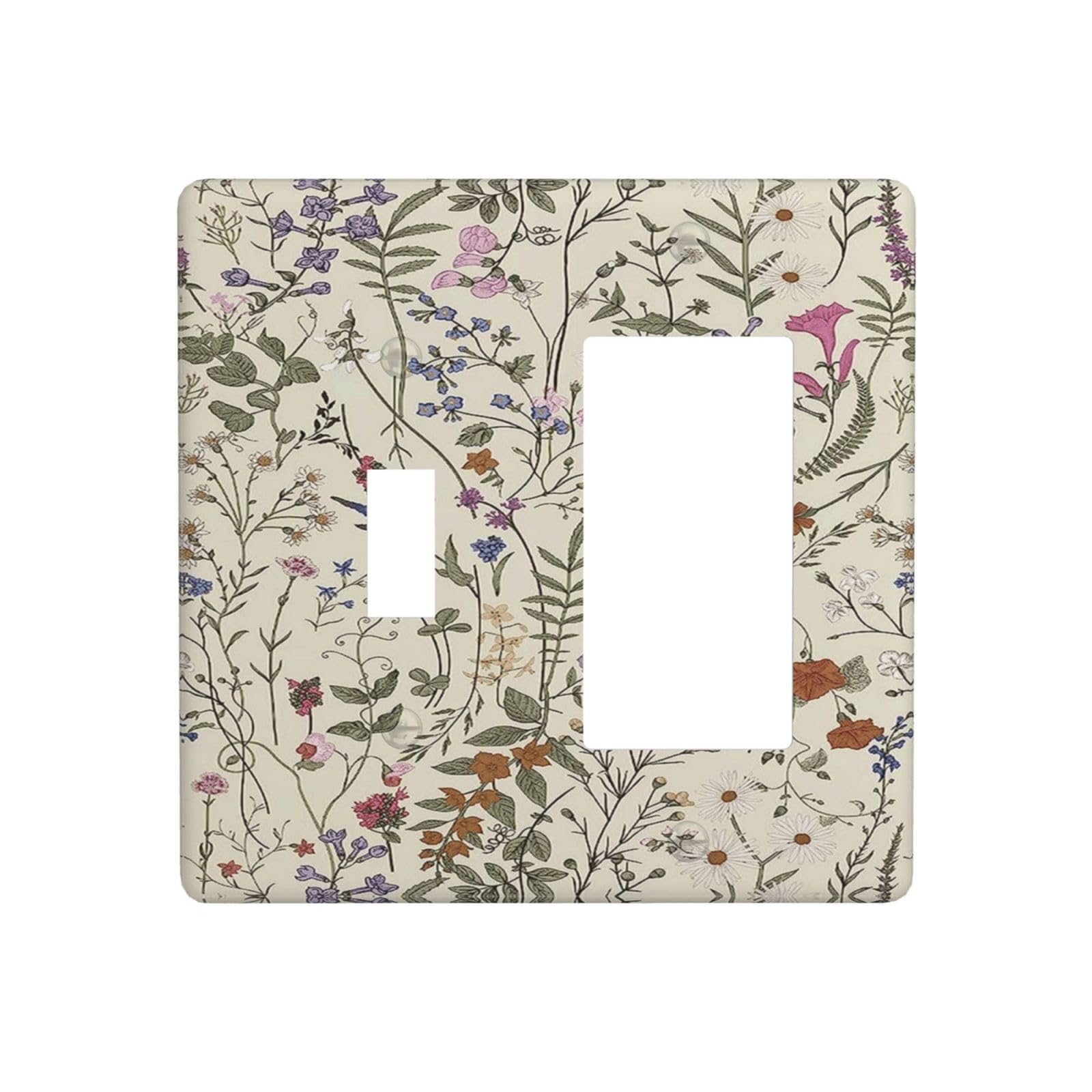 LOLREAI Decorative Outlet Covers Vintage Wildflower Beige Botanical Floral 2 Gang Light Switch Cover Plate Single Toggle 1 Rocker Wall Plates Electrical Switch Plate Covers for Bedroom Home Decor