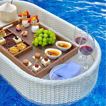 Floating Serving Tray Rattan Woven Breakfast Tray on The Water Round Oval Food Serving Basket for Summer Pool Party,White