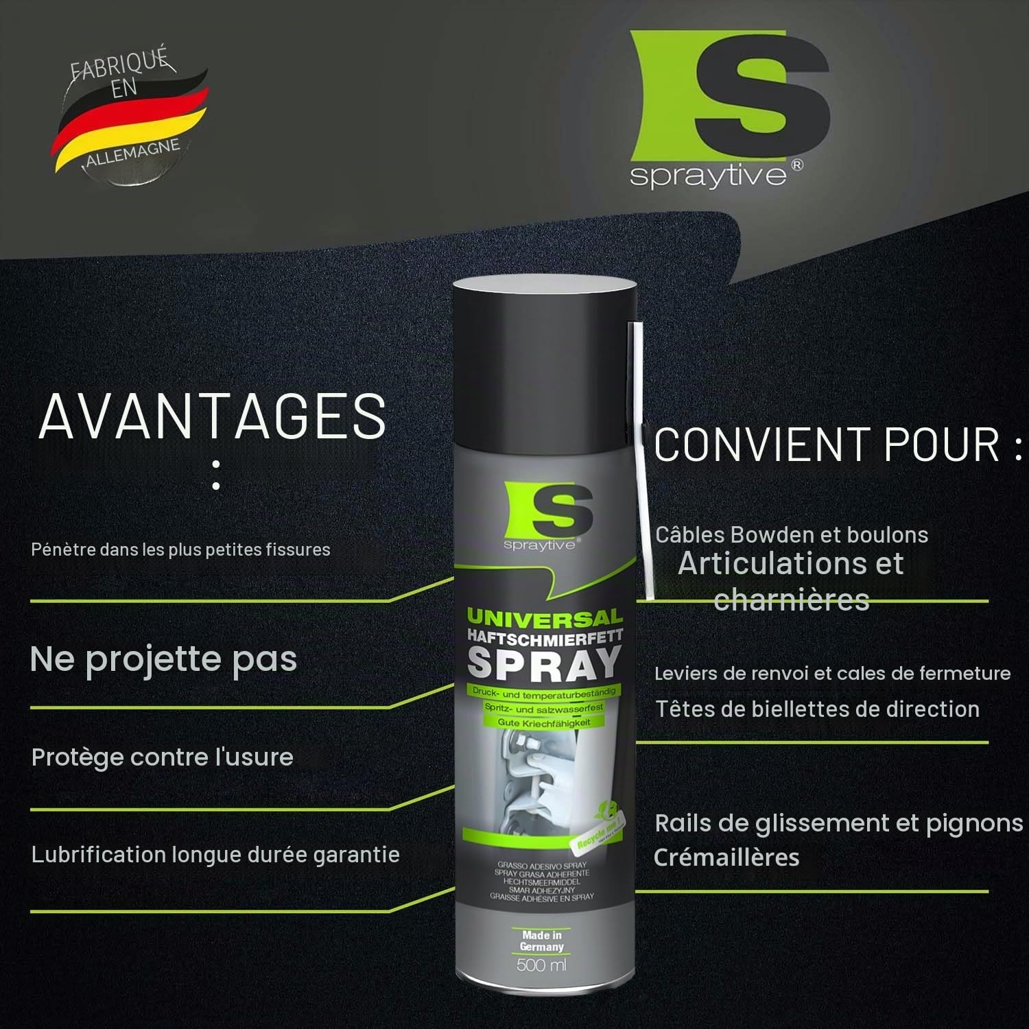 Lot de 24 sprays de graisse lubrifiante adhésive universelle de 500 ml - Graisse lubrifiante et huile pénétrante pour voiture, articulations, roulements et charnières - Graisse de