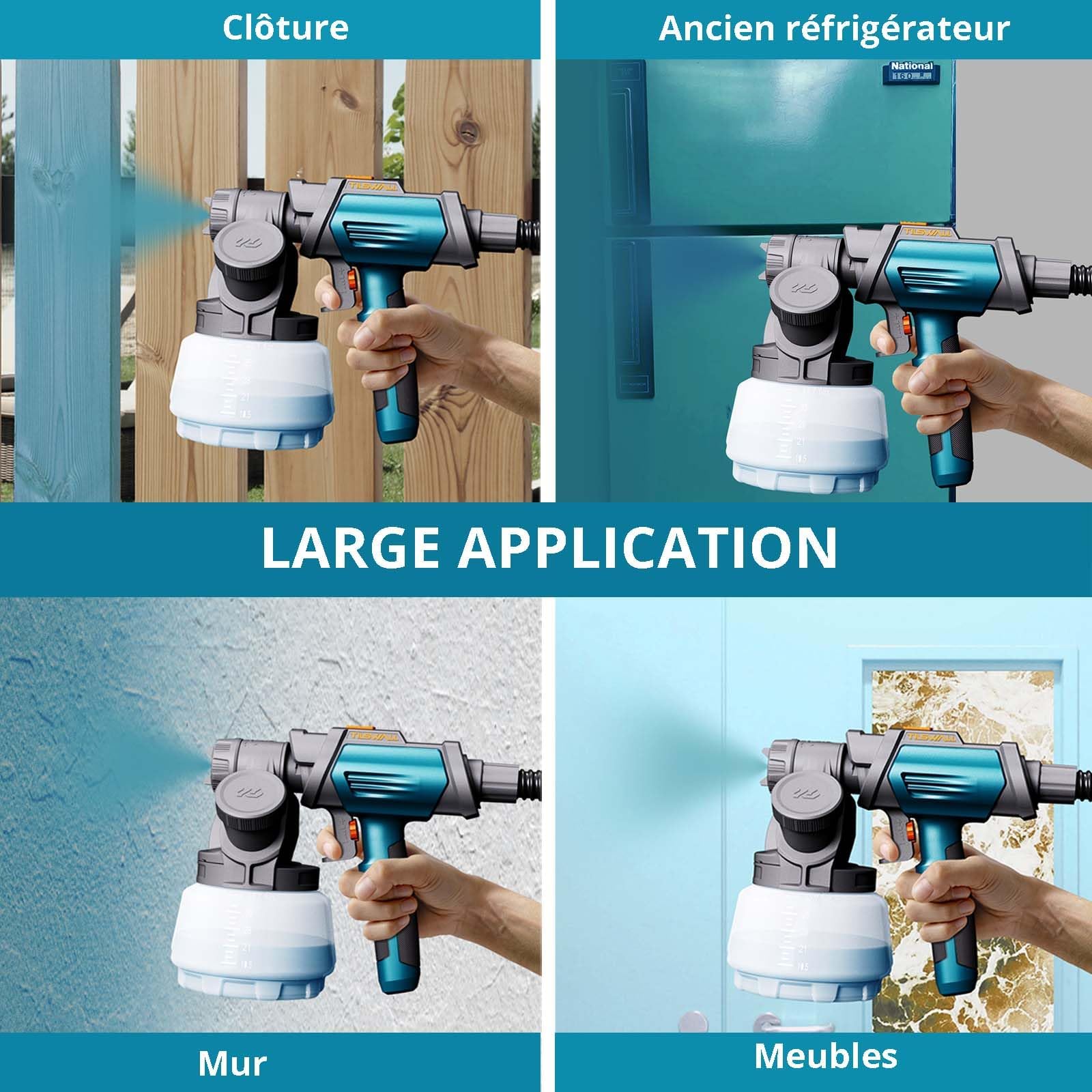 Tilswall Pistolet à Peinture Shark800, HVLP Pistolet Peinture Electrique avec 4 Buses en Cuivre et 3 Modes, Réservoir de 1300ML, Fonction Soufflage & Nettoyage, Pulvérisateur de Peinture 120 DIN-s
