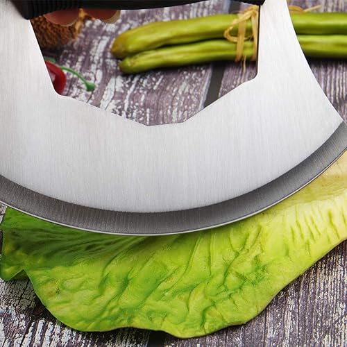 Miniatura 9 de Mezzaluna - Picador de ensalada, cuchillo mezzaluna de acero inoxidable, cortador afilado con cubierta de protección, cortador de verduras para