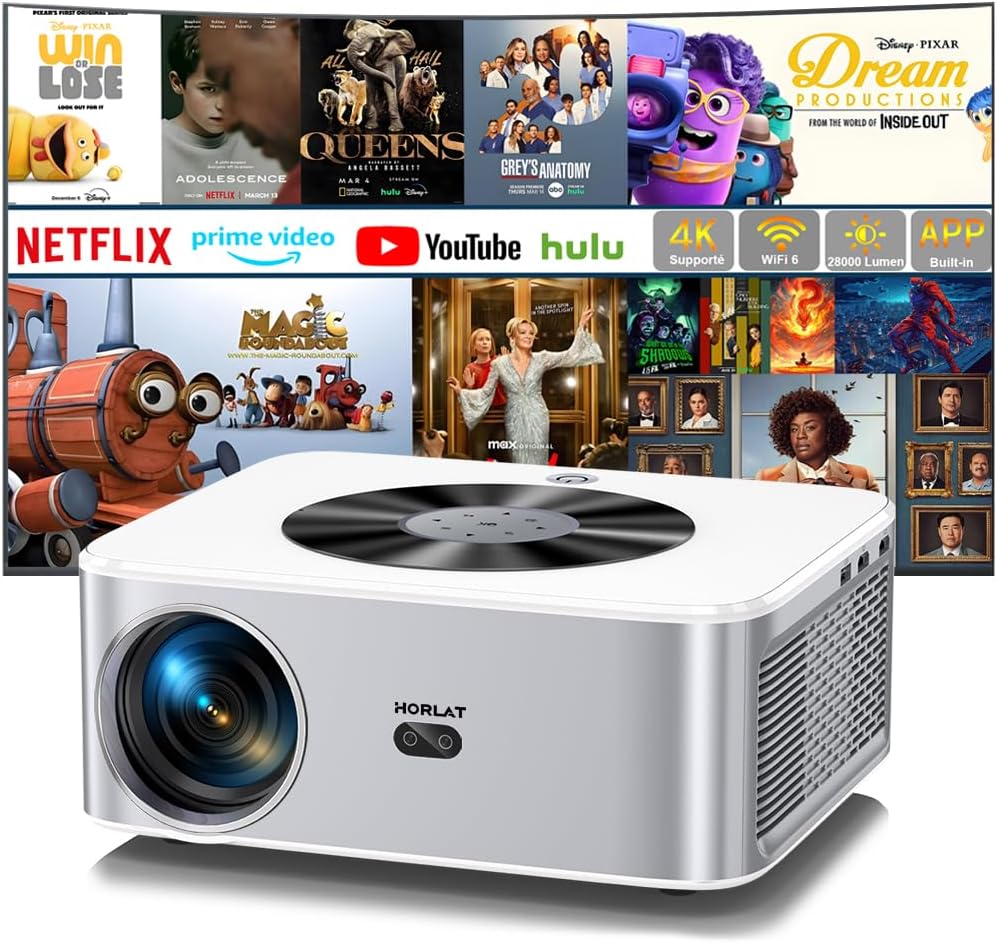 HORLAT 2025-Upgrade-W11 Projector with various streaming app logos and features like 4K support, WiFi 6, and 28000 lumens.