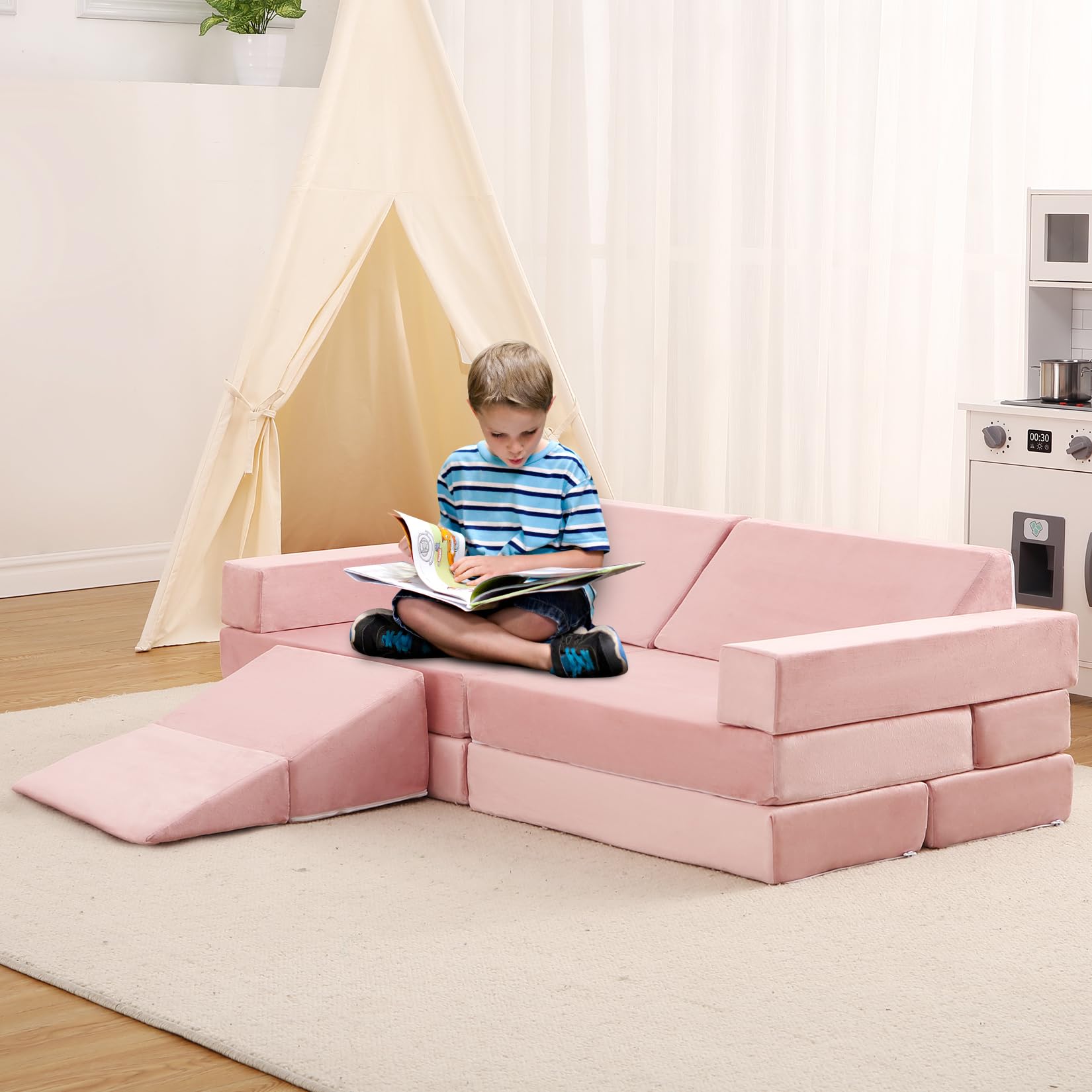 Garvee Canapé de Jeu Évolutif pour Enfants 12 Pièces, Piscine à Balles Carrée et Toboggan, Meuble en Mousse pour Construire des Cabanes, Jeu Créatif, Motricité, Salle de Jeux, Rose