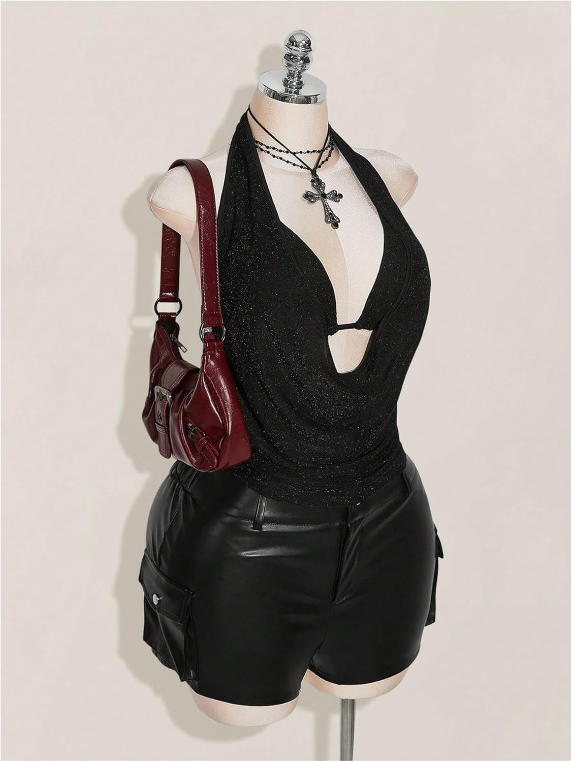 SOLY HUX Women's Plus Size Glitter Deep V Halter Top Draped Backless Sleeveless Y2k Going Out Tops with Micro Crop Top - Image 4