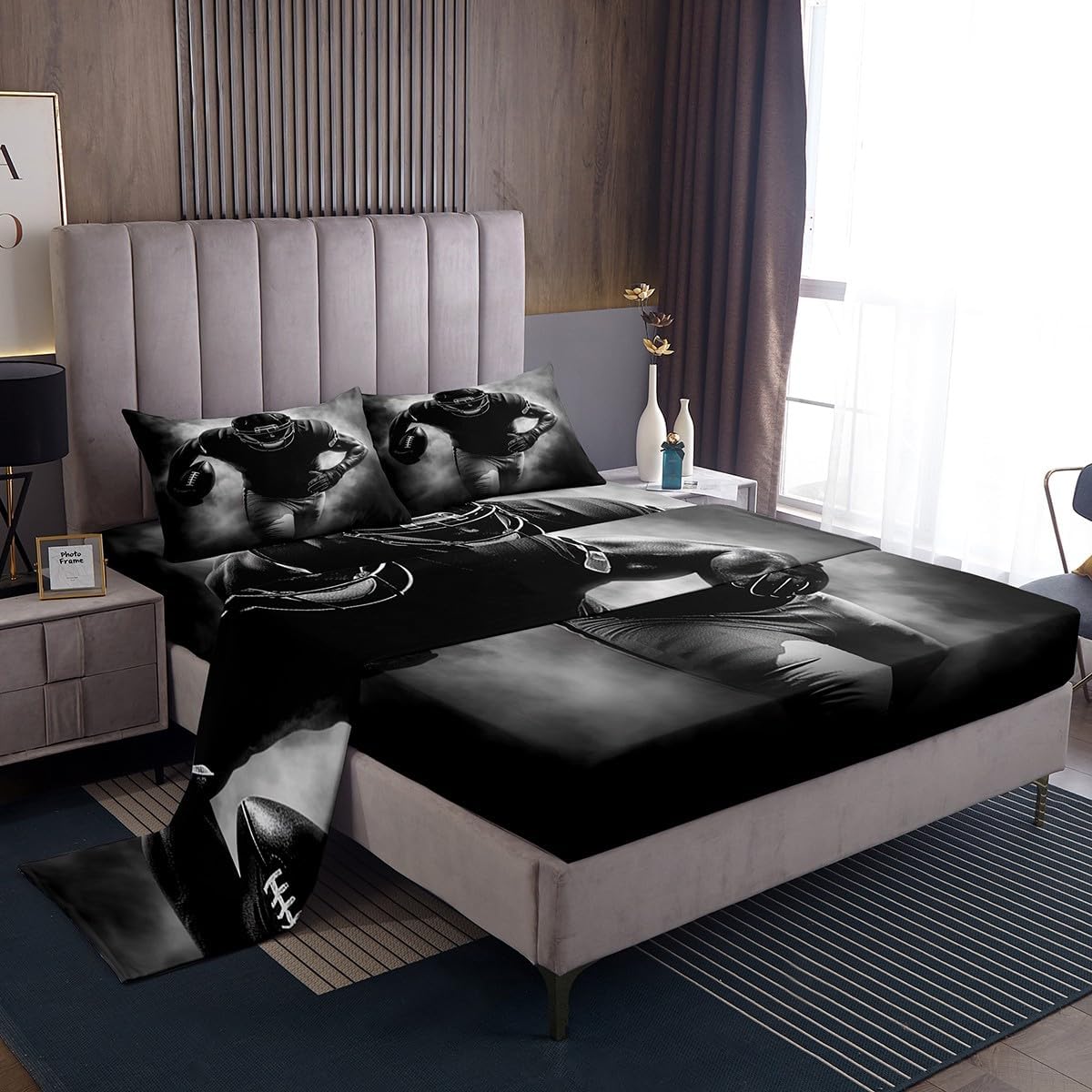 jejeloiu Football Bed Sheets Set Full Size Boys Girls Rugby Sports Fitted Sheet for Kids Game Gift for Football Lover Grey Black Bedding Set Room Decor