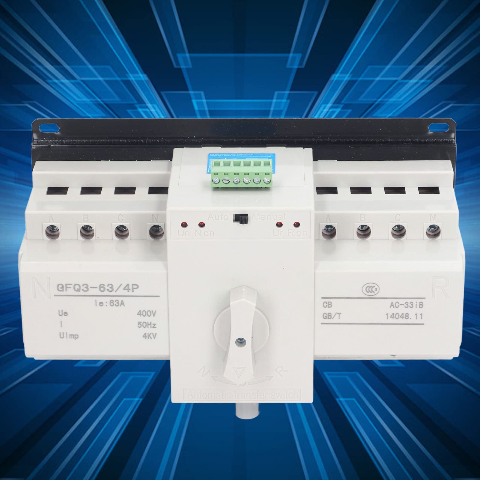 Interruptor de Transferencia Automática ATS 4P Mini, 63A, AC400V, de Alimentación Dual, Gabinete PC Ignífugo, Control Dual Manual y Automático