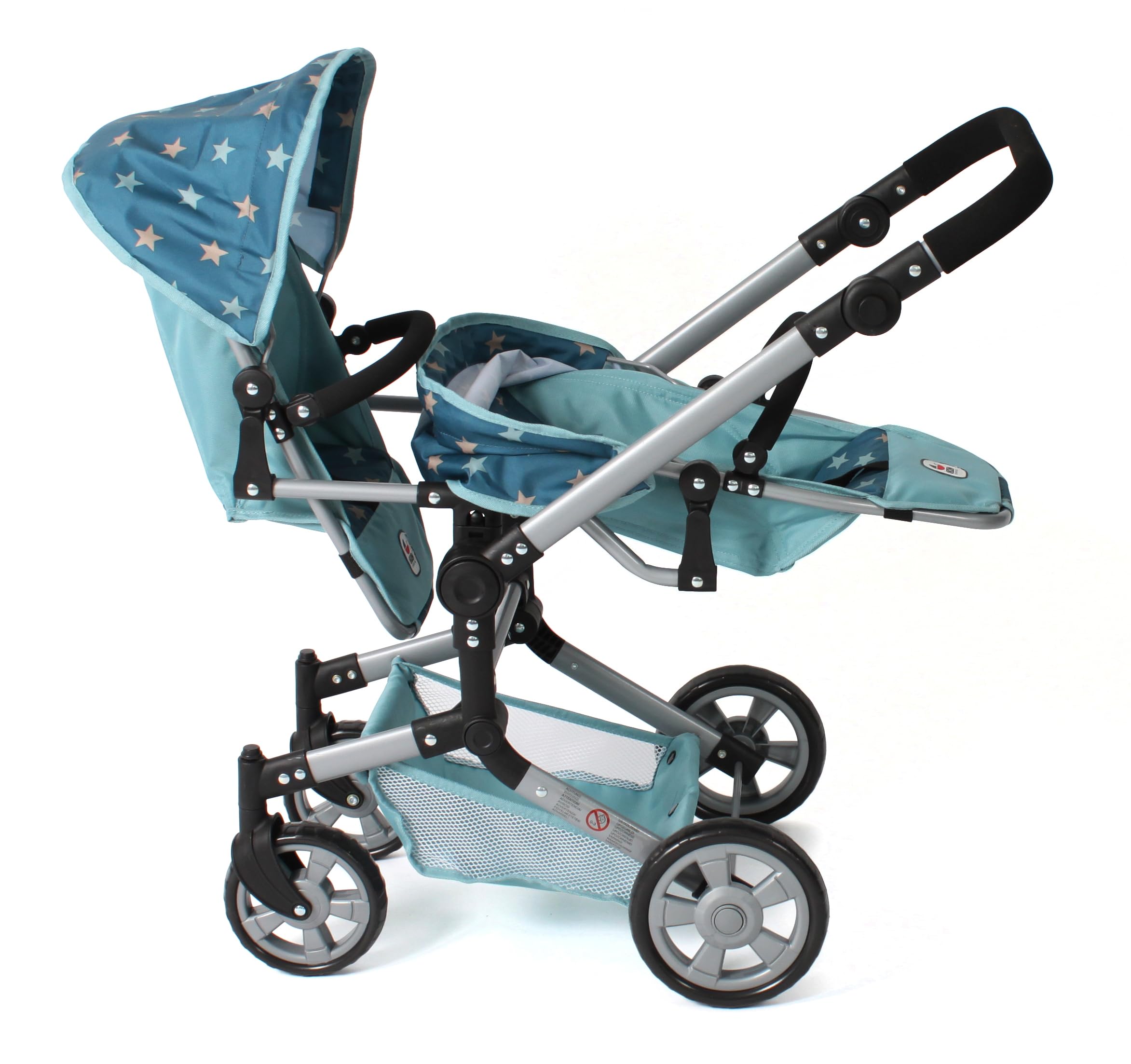 Bayer Chic 2000® Wózek dla lalek Linus Duo – gwiazdka turkusowa – składany wózek dla lalek bliźniaczych – regulowany uchwyt 50-82 cm – lalki do 50 cm – 4-8 J.