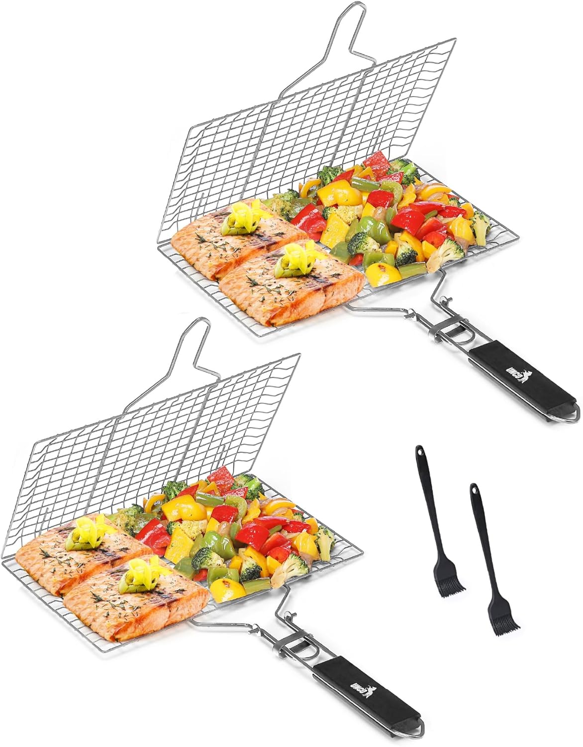 UNCO- Fish Grilling Basket, 2 Sets, Folding Portable Stainless Steel BBQ Grill Basket with Removable Handle and Silicon Basting Brush for Fish, Vegetables, Shrimp, Gifts for Dad, Husband & Friend