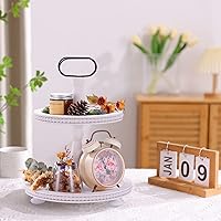 Vista 5 de Urban Deco Bandeja decorativa de madera de dos niveles, bandeja redonda para servir con mango de metal, soporte de madera para cupcakes