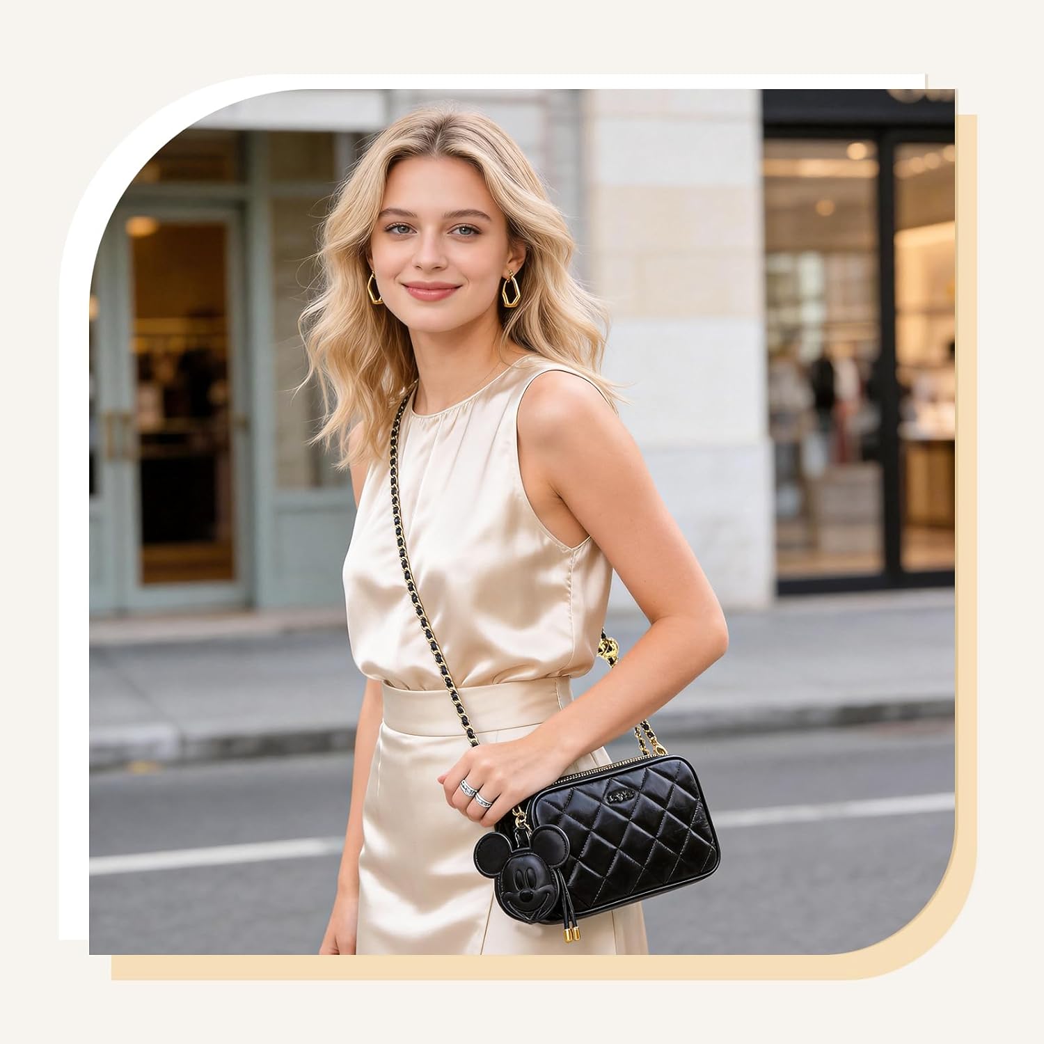 MINISO Disney Mickey Mouse Small Crossbody Bag for Women Shoulder Handbags Purses with Adjustable Strap Trendy Ladies Travel Purse with Zipper Pockets for Phone Wallet Keys