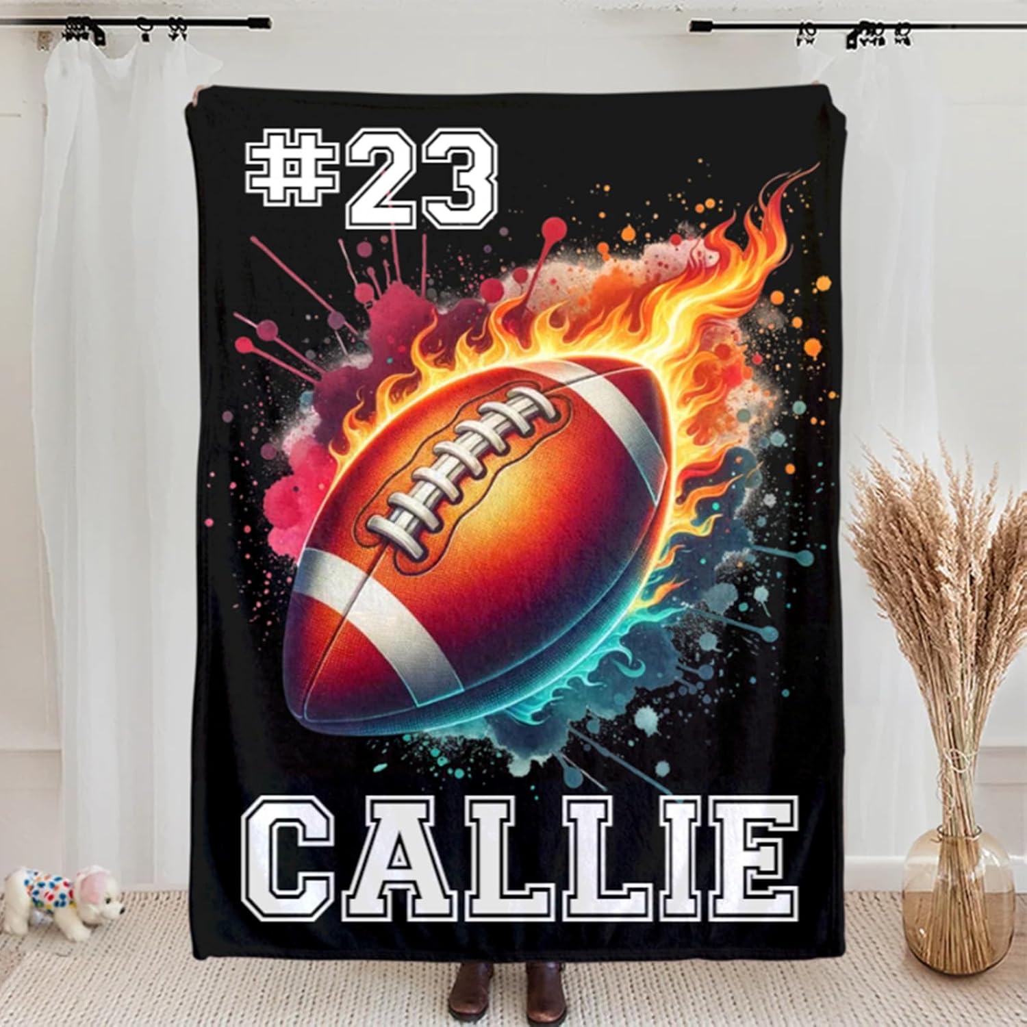 CALLIE Personalized Throw Blanket with Name and Number, Flaming Basketball Football Fleece Sherpa Blanket, Soft Throw Blanket for Couch Bed Home Decor, Christmas Birthday Gifts for Ball Games Lovers