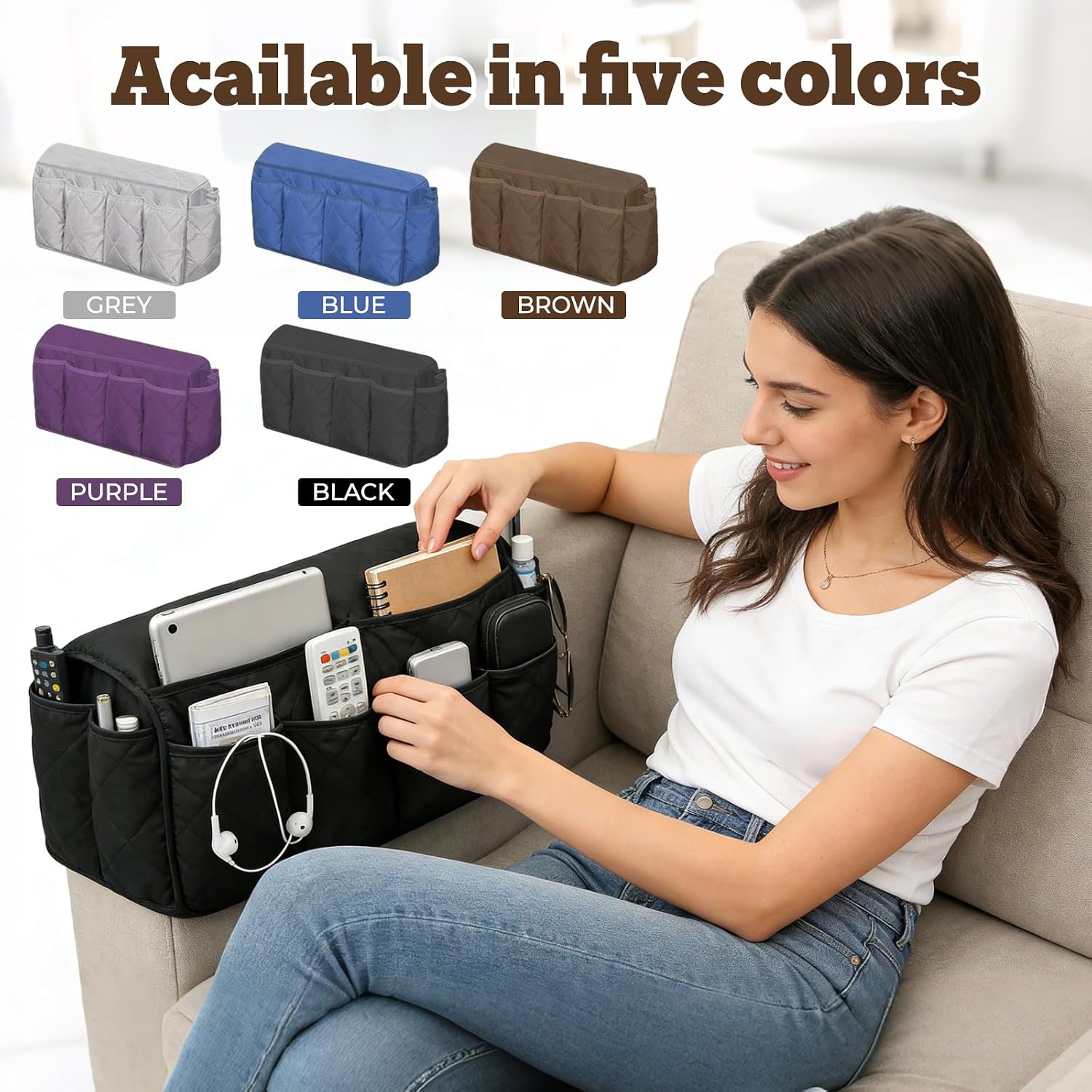 Sofa Armrest Organizer & Remote Control Holder, 14 Large Pockets, Waterproof Foldable Armchair Caddy (Black)