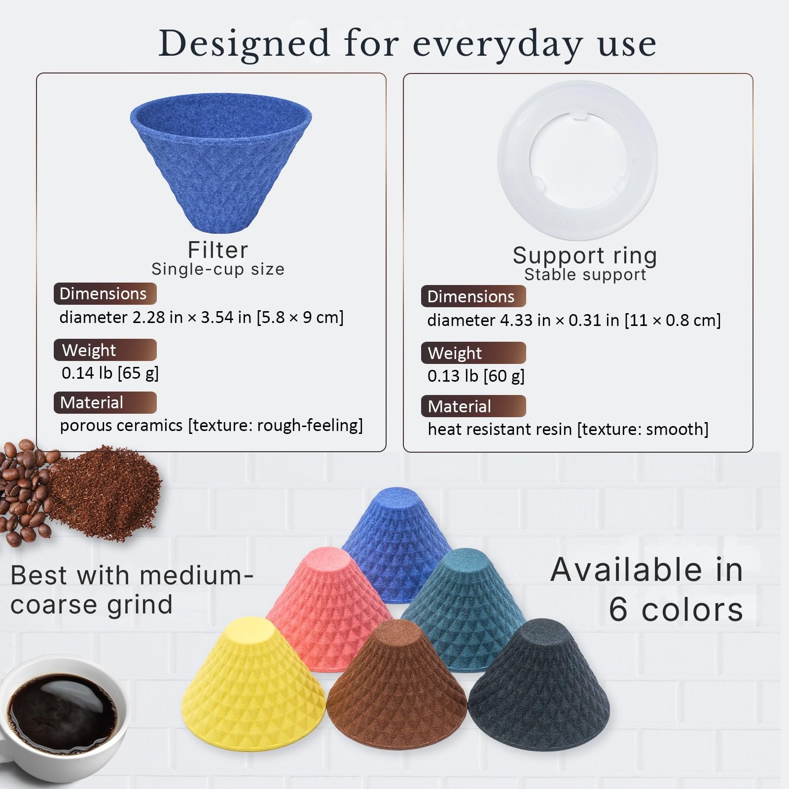 Wablade Filtro de café reutilizable de cerámica, 1-2 tazas, fabricado en Japón | Preparación sin papel, no necesita filtros de papel, incluye base dedicada y platillo para la preparación diaria del café