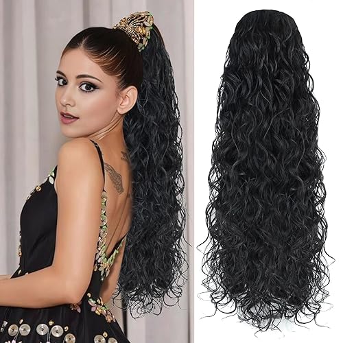 Miniatura 1 de Icono de la moda - Extensión de cola de caballo rizada ondulada con clip, cabello real, cola de caballo negra, extensiones de cordón con clip,