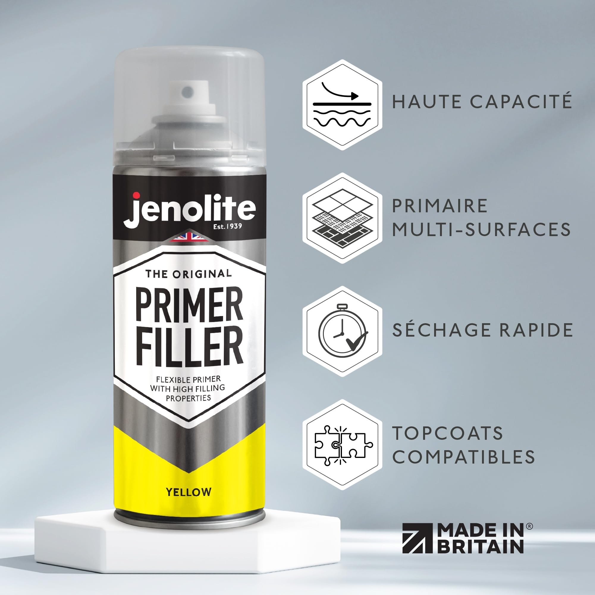 JENOLITE Peinture d'apprêt de remplissage en aérosol | JAUNE | Apprêt flexible avec des propriétés de remplissage élevées | Remplit les petites bosses et rayures pour une finition lisse | 400ml