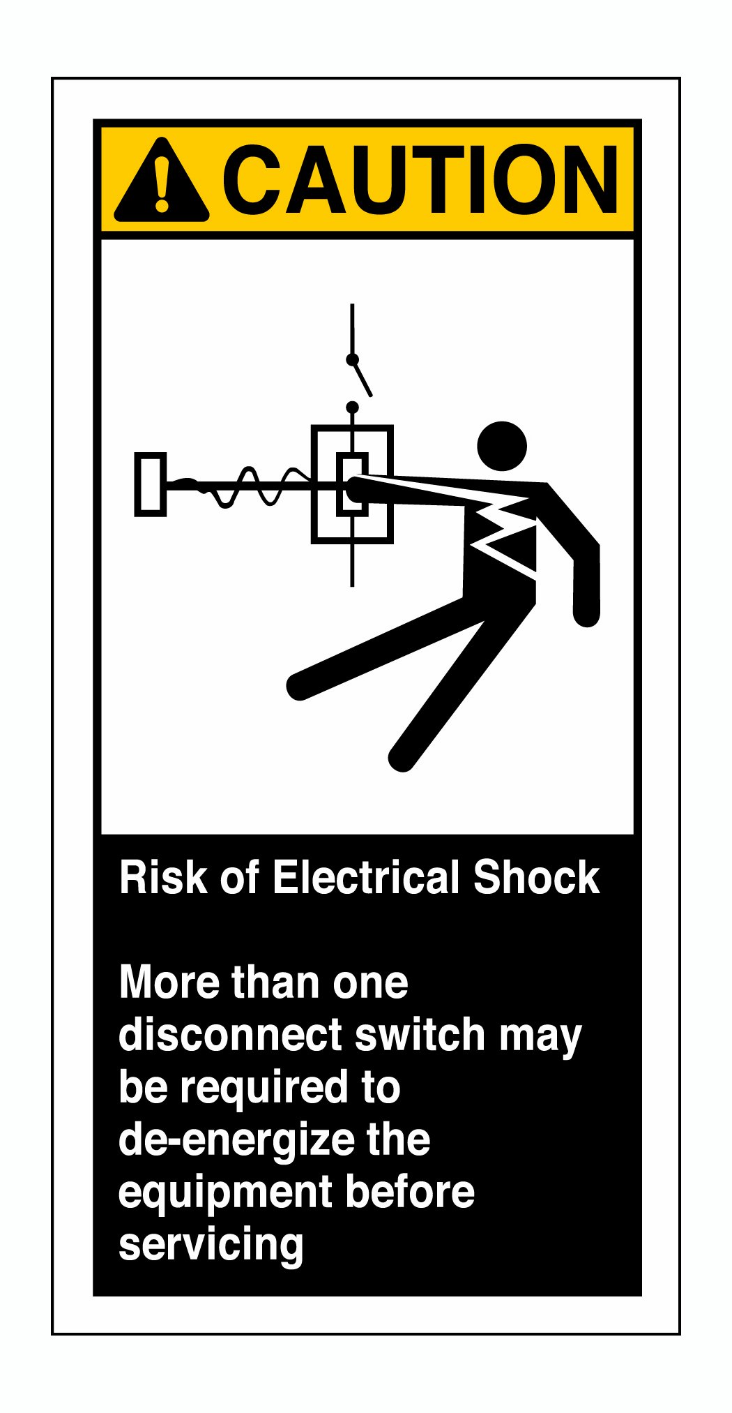 Brady 96175 Self Sticking Polyester Cema Safety Label , Yellow/ White On Black, 6" Height x 3" Width, Legend "Risk Of Electrical Shock More Than One Disconnect Switch May Be Required To De-Energize The Equipment Before Servicing (W/Picto)" (5 Labels per Package)
