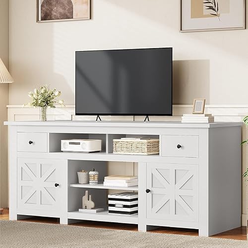 YITAHOME - Soporte para TV de 75/80 pulgadas, centro de entretenimiento, gabinete para TV con cajones y toma de corriente, consola de TV blanca para