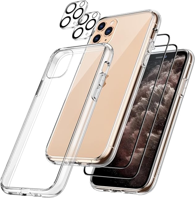 JETech [3 in 1 Case for iPhone 11 Pro Max 6.5-Inch, with 2-Pack Screen Protector and Camera Lens Protector, Non-Yellowing, Full Coverage Tempered Glass Film, Shockproof Bumper Phone Cover (Clear)