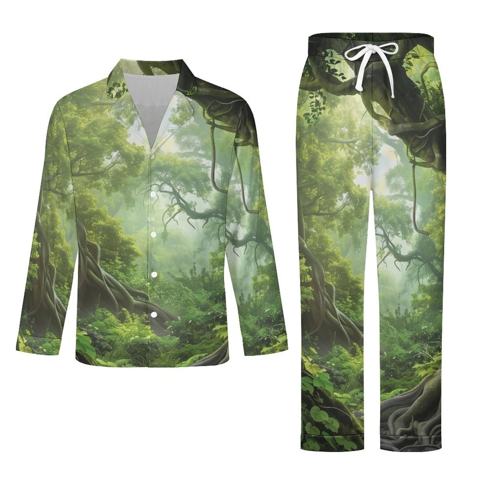 Pigiama Verde Uomo Cotone Primavera Foresta Antica Pigiama da Notte con Bottoni Pigiami Due Pezzi Maniche Lunghe Camicia e Pantaloni con Tasche