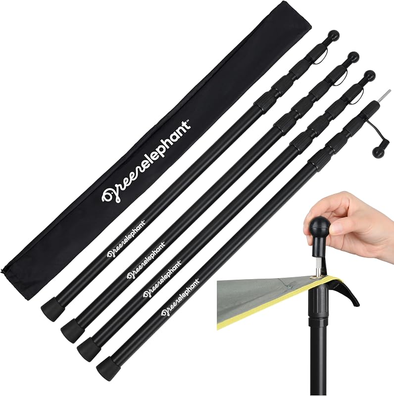 Postes de lona para acampar Green Elephant - Postes telescópicos de aluminio ajustables para lonas, toldos y toldos - Juego de 4 postes plegables resistentes - Se extiende 8 pies, se encoge a 2 pies - Sombra para caravana y playa
