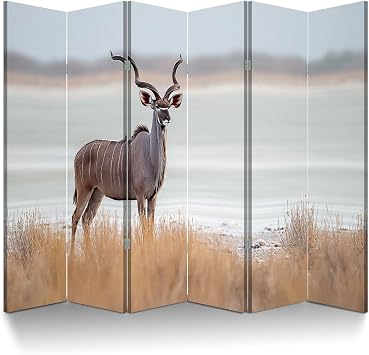 6 Panels Room Divider Screen Kudu Etosha pan Wood Folding Privacy Screen Partition Canvas Wall Divider Freestanding Portable Indoor Separator