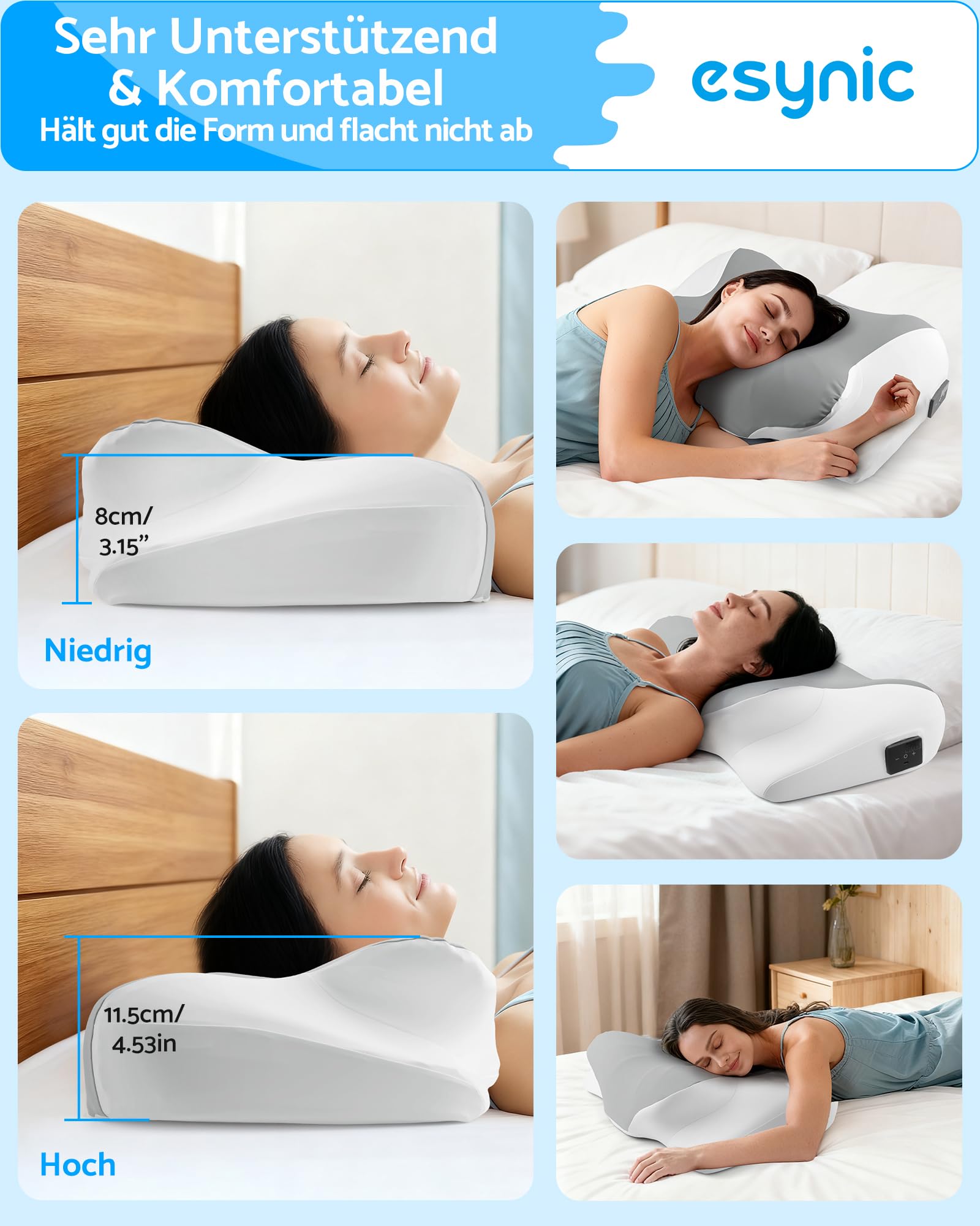 eSynic Memory Foam Kissen Antischnarchkissen App-gesteuert Abnehmbarer waschbarer Bezug Weiß