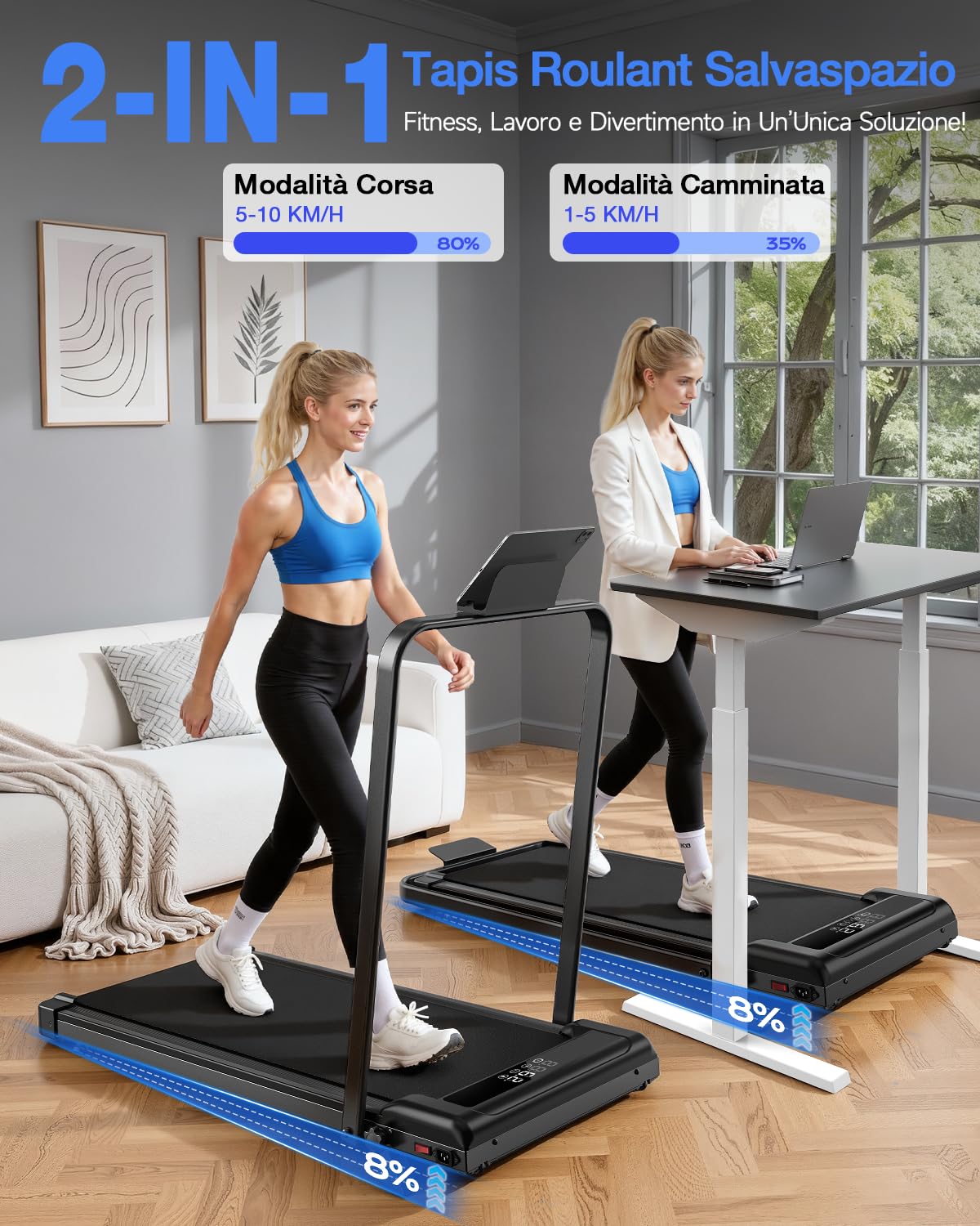Tapis Roulant per Ginocchia Fragili: Pendenza 7%, 2.5HP, Ammortizzato, Display LED