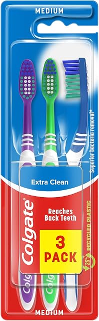 Colgate Extra Clean Medium Toothbrush (Assorted) with a Cleaning Tip that Reaches and Cleans Back Teeth, (Pack of 3)