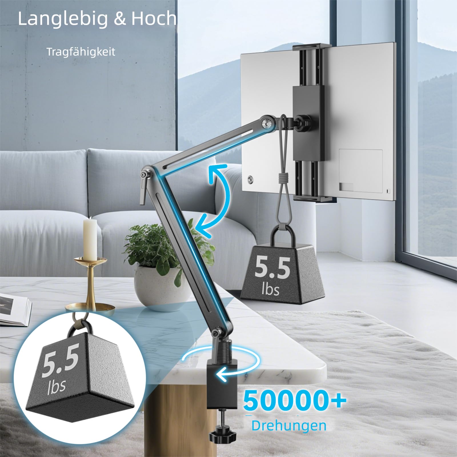 Aluminium Tablet Halterung mit Schwenkarm - 360° Drehbare Metallbasis, Flexibler Arm, Kompatibel mit iPad Air/Pro/Mini, Samsung Galaxy (15.6in)