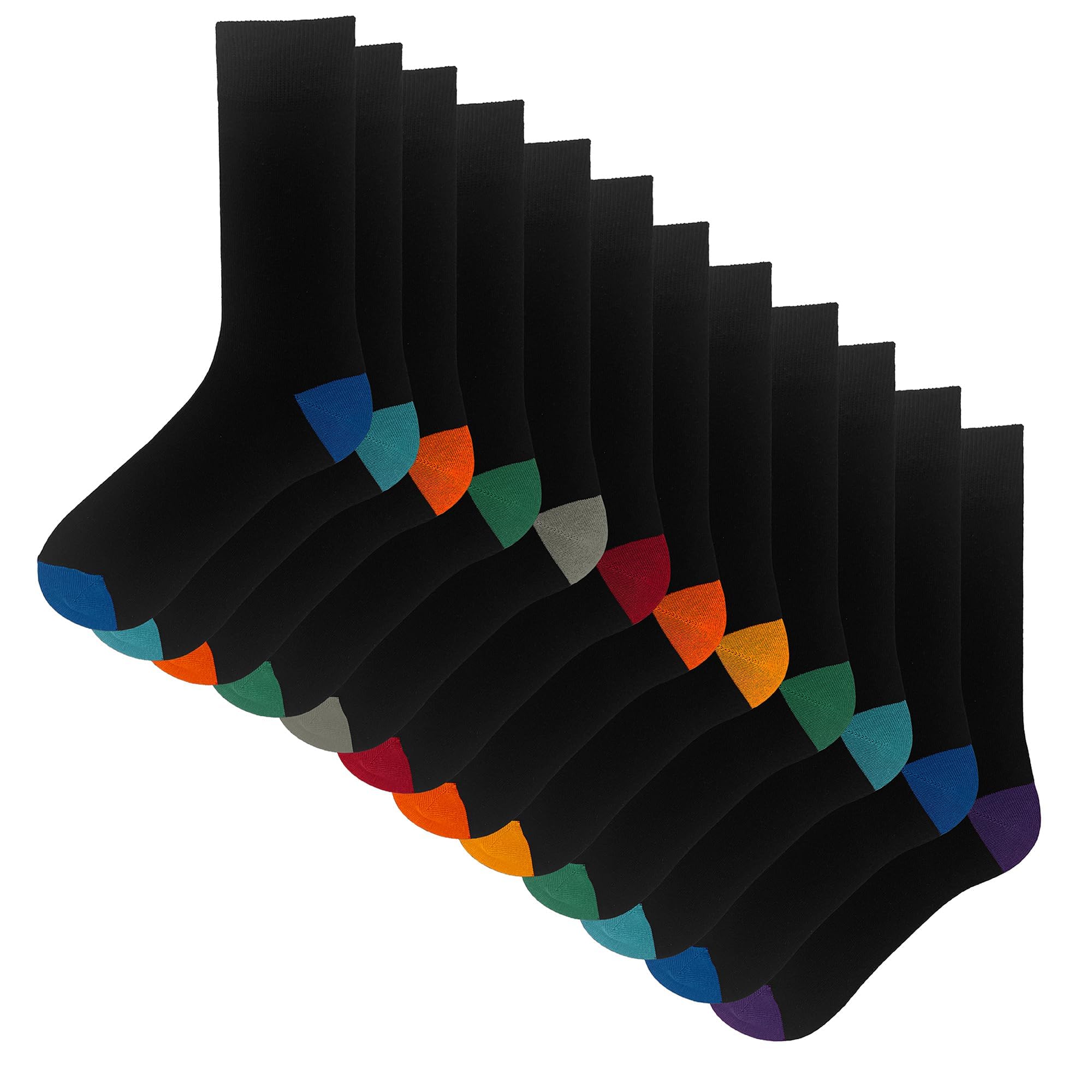 The Essentials Wardrobe Men's Black 12 Pack Contrast H&T Socks - Uk 6-11/Eu 39-45