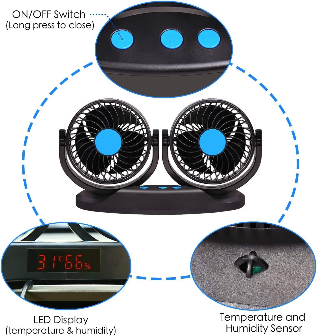 Ventilatore Auto 12V Doppia Testa, Ventilatore Raffreddatore a 12 Velocità con Rotazione a 360°, Ventilatore da Auto da 5" con Display LED Temperatura e Umidità per Camion, SUV, Camper e Barche