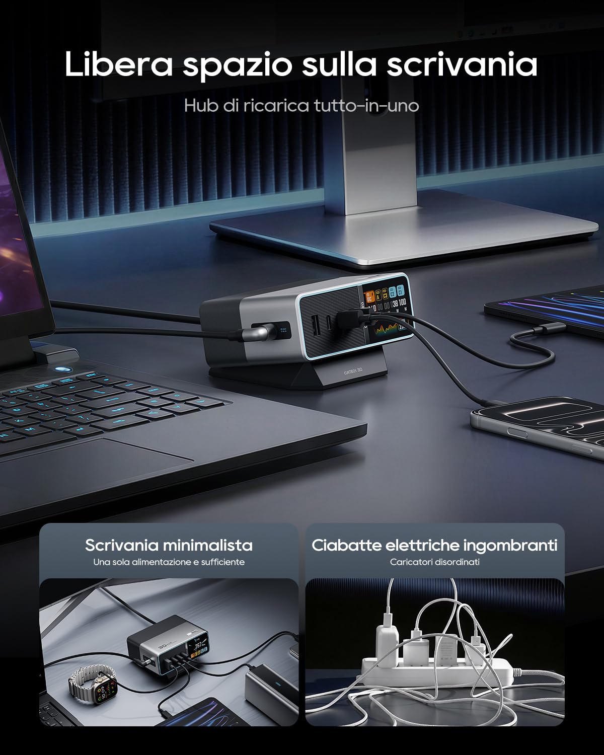CUKTECH 30 Ultra 300W 5-Ports GaN Multi Charging Station, Caricatore USB C con Display LCD e Ricarica Rapida, Compatibile con Laptop, MacBook, iPad, iPhone 16/15, Galaxy S24/S23