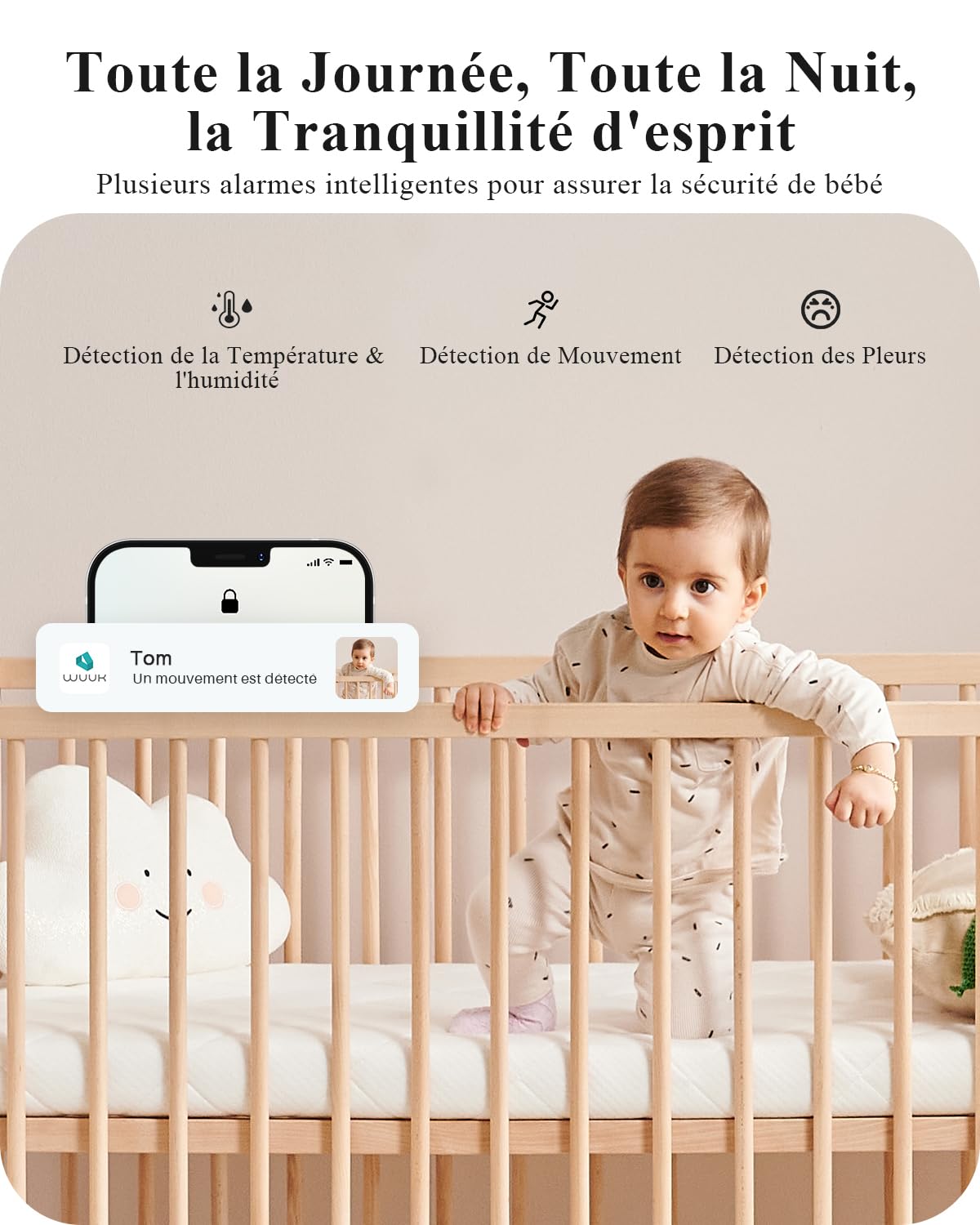 WUUK 2K/3MP 5.5'' Babyphone Caméra, Vidéo Bébé Surveillance 360° PTZ avec APP, Alerte des Mouvements/Crier/Température et d'humidité, Vision Nocturne Ultra HD, Batterie 3700mAh, Ultra Grand Angle 135°