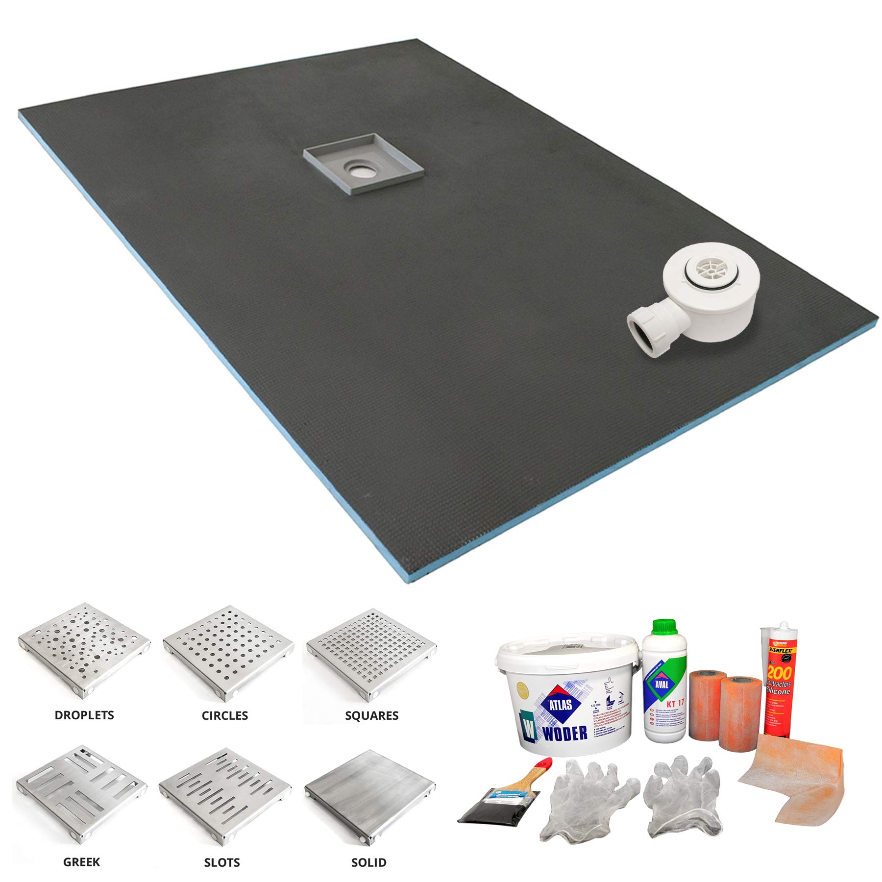 900 x 900 x 20mm - Centre Drain Wetroom Shower Tray with Waste & Tanking Kit (900 x 900 x 20mm - Centre Drain, Tile On)
