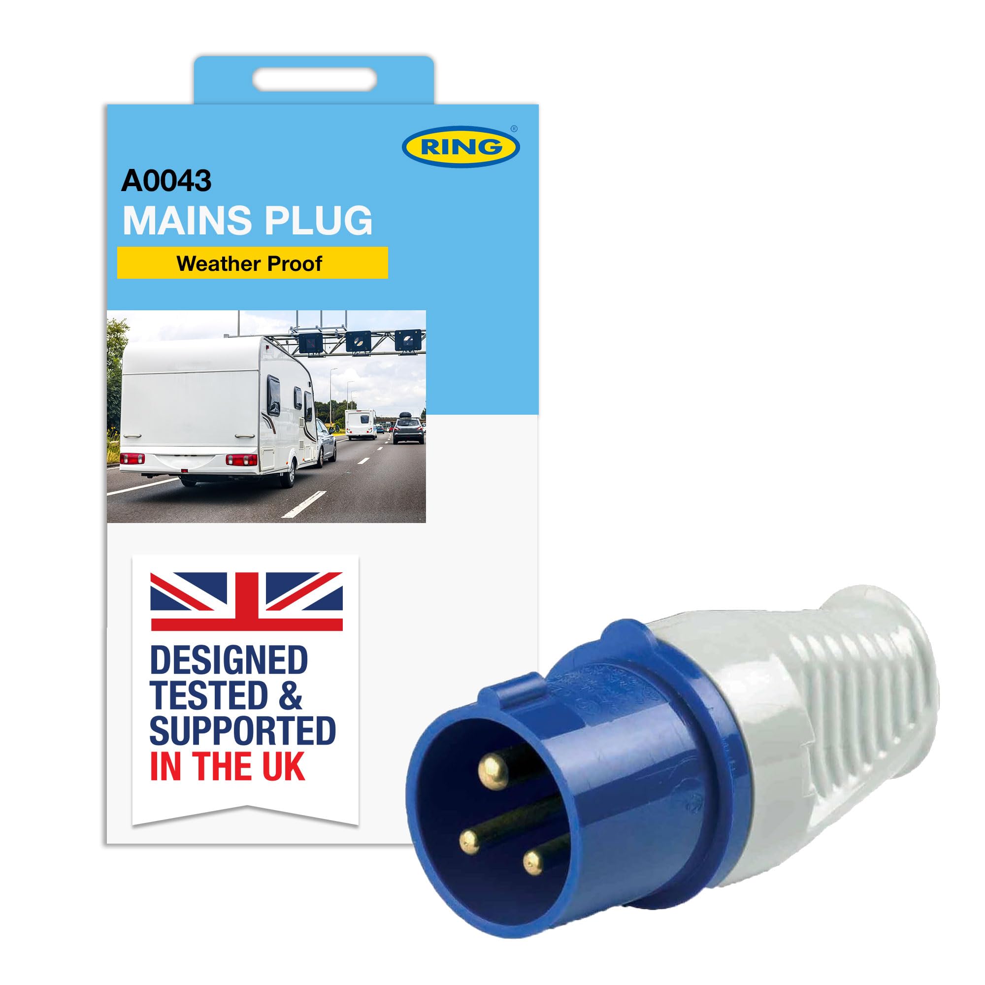 RING Mains Plug Fully Weatherproof - Standard Fit Throughout Camping & Caravan Sites in Europe