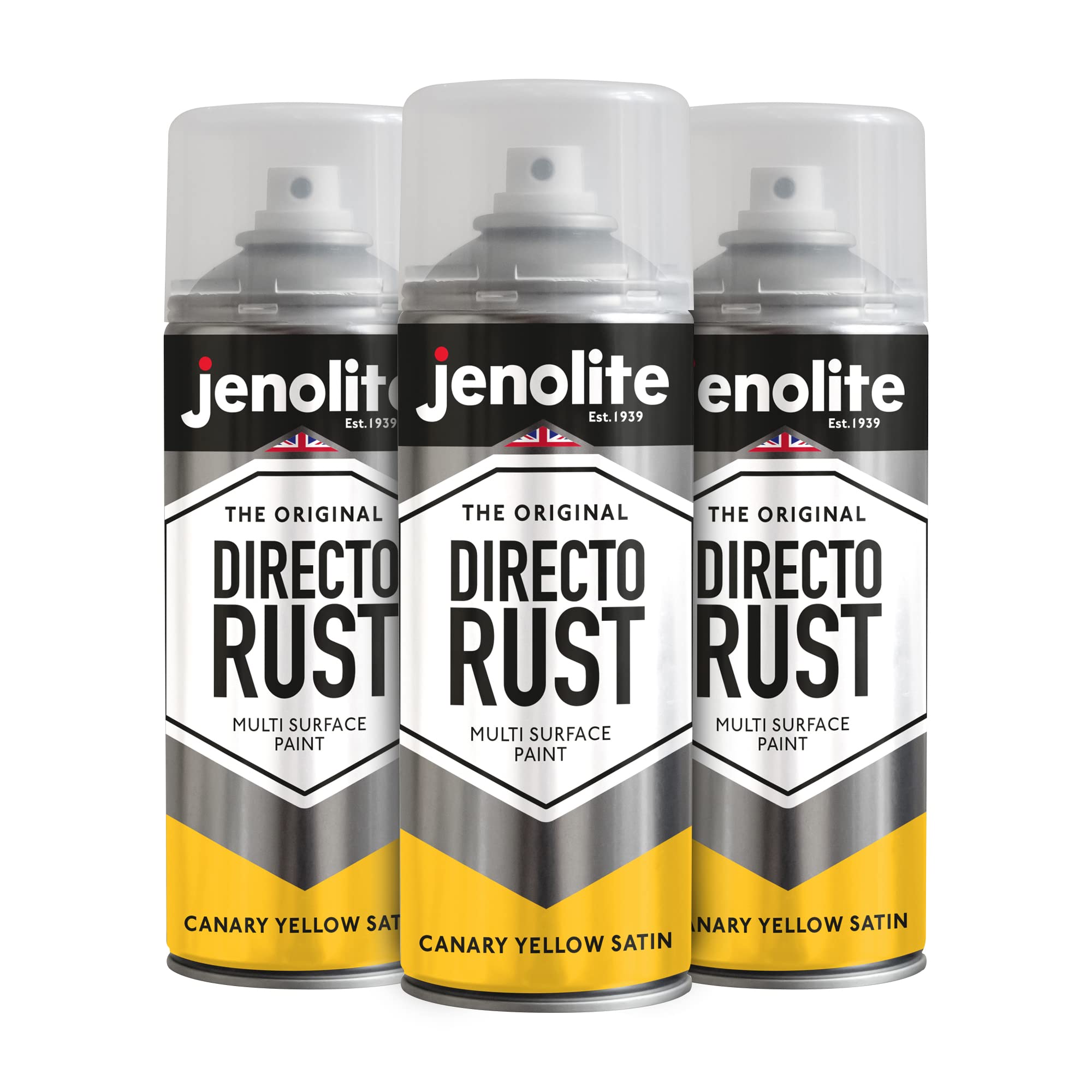 JENOLITE Directorust Spray Paint Satin Finish | CANARY YELLOW | 3 x 400ml | Direct To Rust Spray Paint For Metal | All-In-One Multi Surface Paint for Metal, Wood, Plastic, Ceramic | RAL 1018