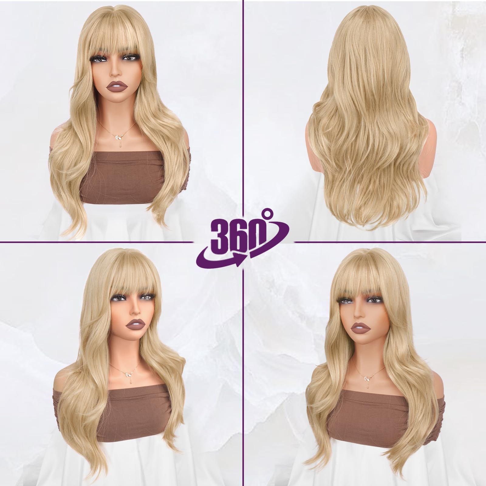 BARSDAR Beige Blond Perücke mit Pony, 50cm Layered Blond Perücke mit Bangs für Frauen Natürliches Aussehen Weiche Gewellte Synthetische Perücken Glattes Haarschnitt Fringe Tägliche Party Halloween