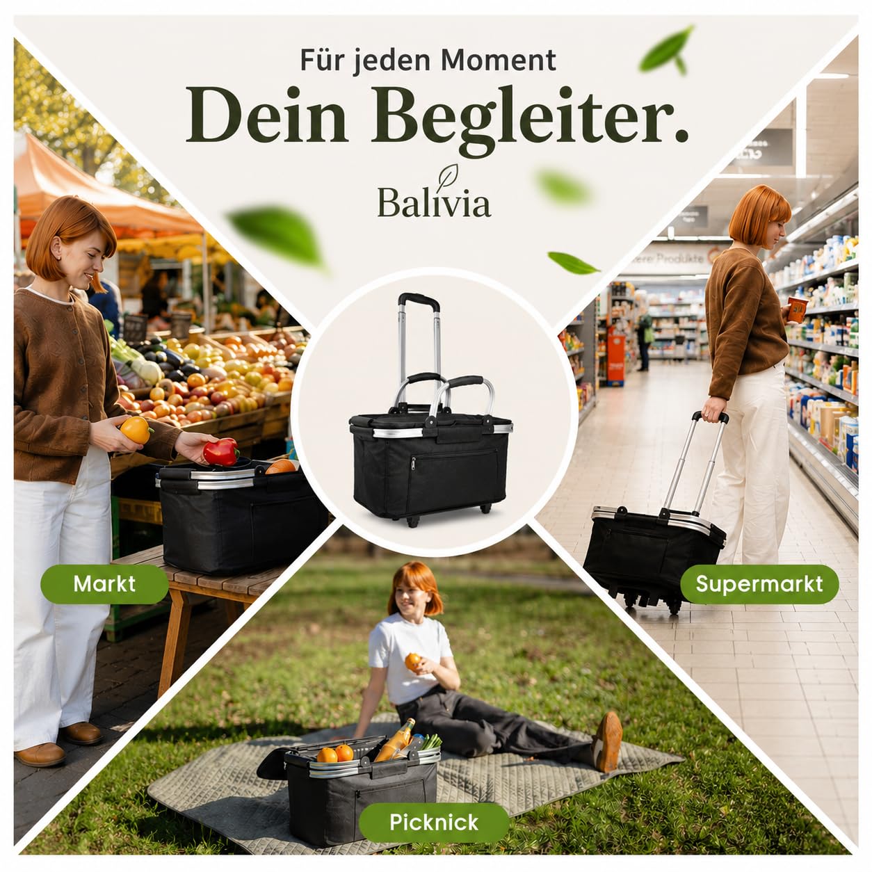 Trolley [faltbar & isoliert 35L] Einkaufswagen | Einkaufstrolley mit Rollen | Mit Kühlfunktion & abnehmbarem Korb – isolierter Einkaufswagen & Kühltrolley für Supermarkt, Wochenmarkt & Camping