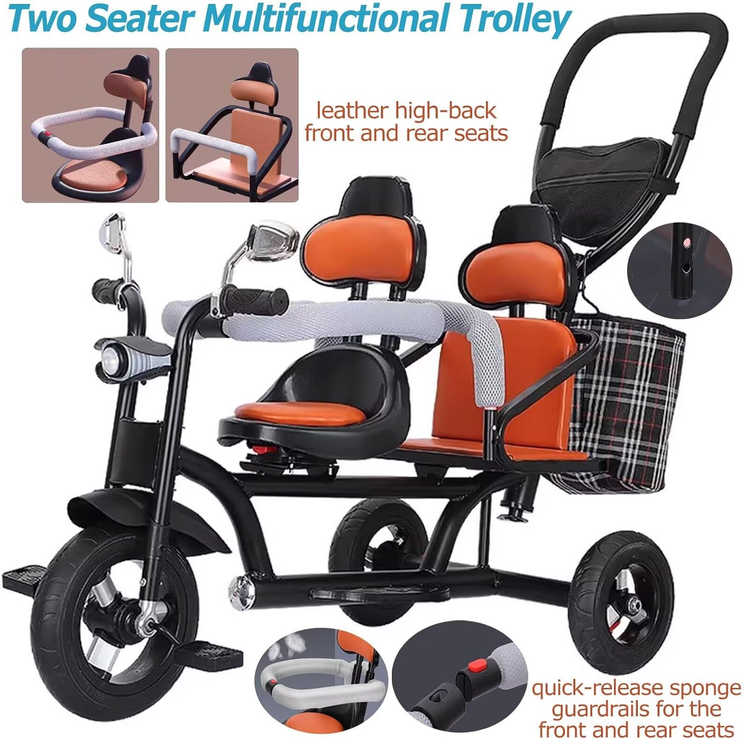 Tandem Tricycle with Headlight for 3-8 Years Old Boys and Girls,Twins Kids trikes with Parent Push Handle,Dual Seats Stroller,Rear seat with Sponge guardrail,Titanium Wheel