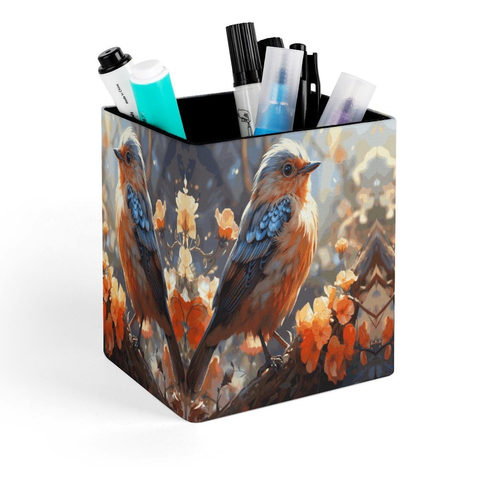 FekiLoot Flowers And Birds Pencil Holder for Desk Square Leather Pen Holder Cup Desktop Organizer Multi-Functional Pencil Cup Holders Modern Decorative Desk Organizer Caddy Makeup Brush Holders