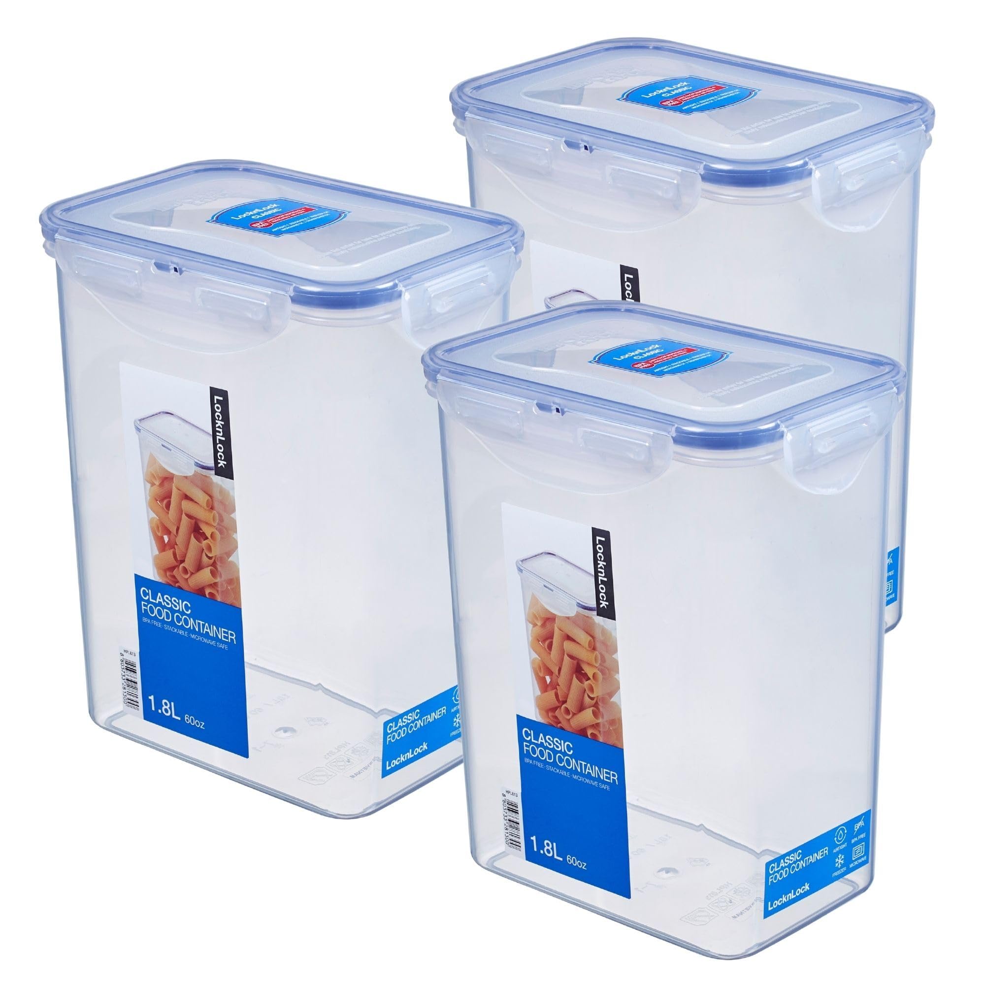 LocknLock Set of 3 HPL813 storage containers, food storage containers, 1.8 litres, dimensions (L x W x H): 151 x 108 x 185 mm, suitable for freezing and microwave, lock and lock containers, food box,