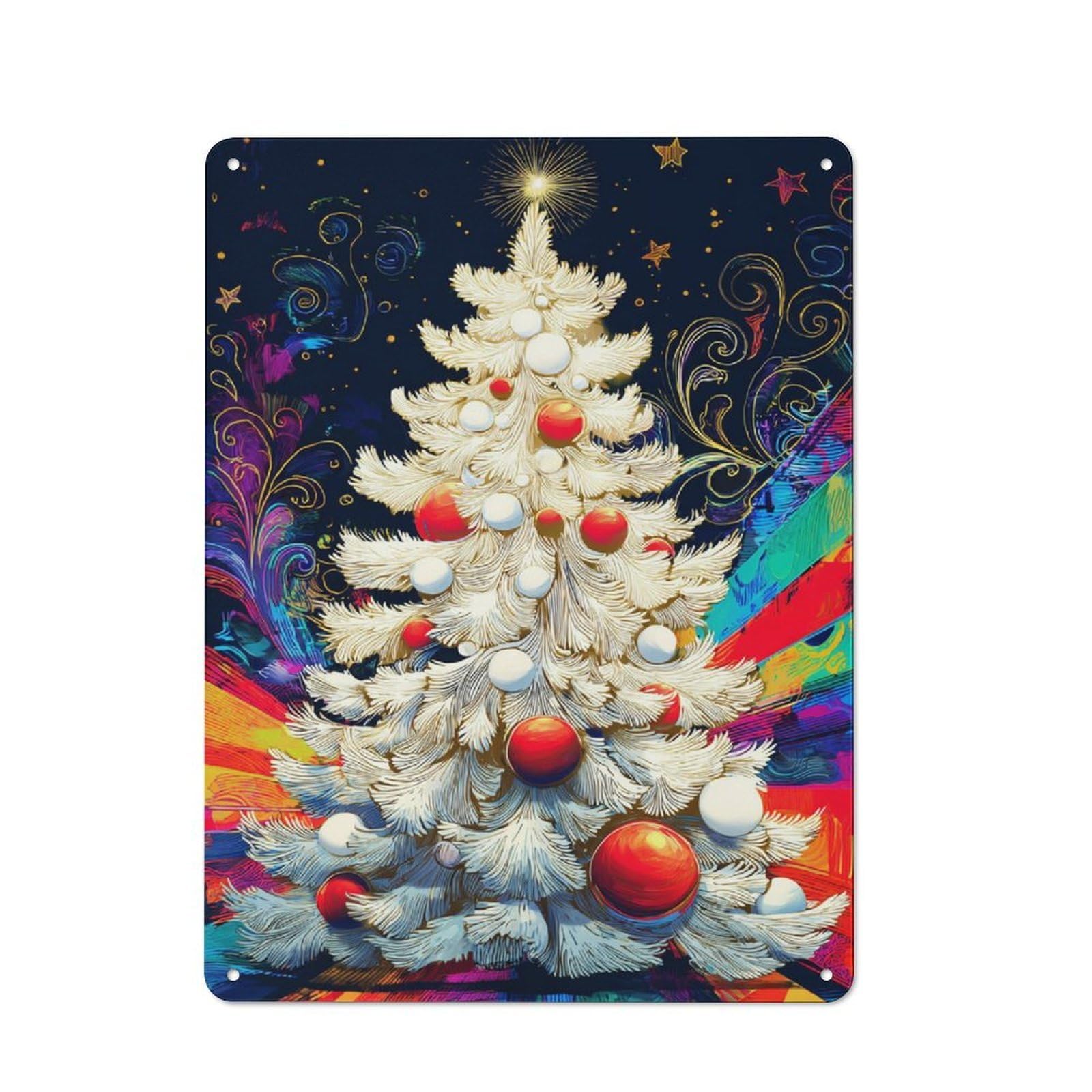 Junmoney Colorful Christmas Tree Illustration Tin Sign 40X30cm With For Living Room Wall, Rustic Decor, For Living Room Decor Lovers