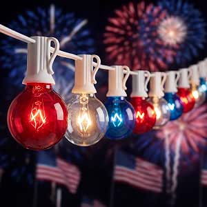 4th of July Decorations String Lights, 25Ft Outdoor Patio G40 Red, White, and Blue Bulbs (27 Bulbs + 2 Spares)