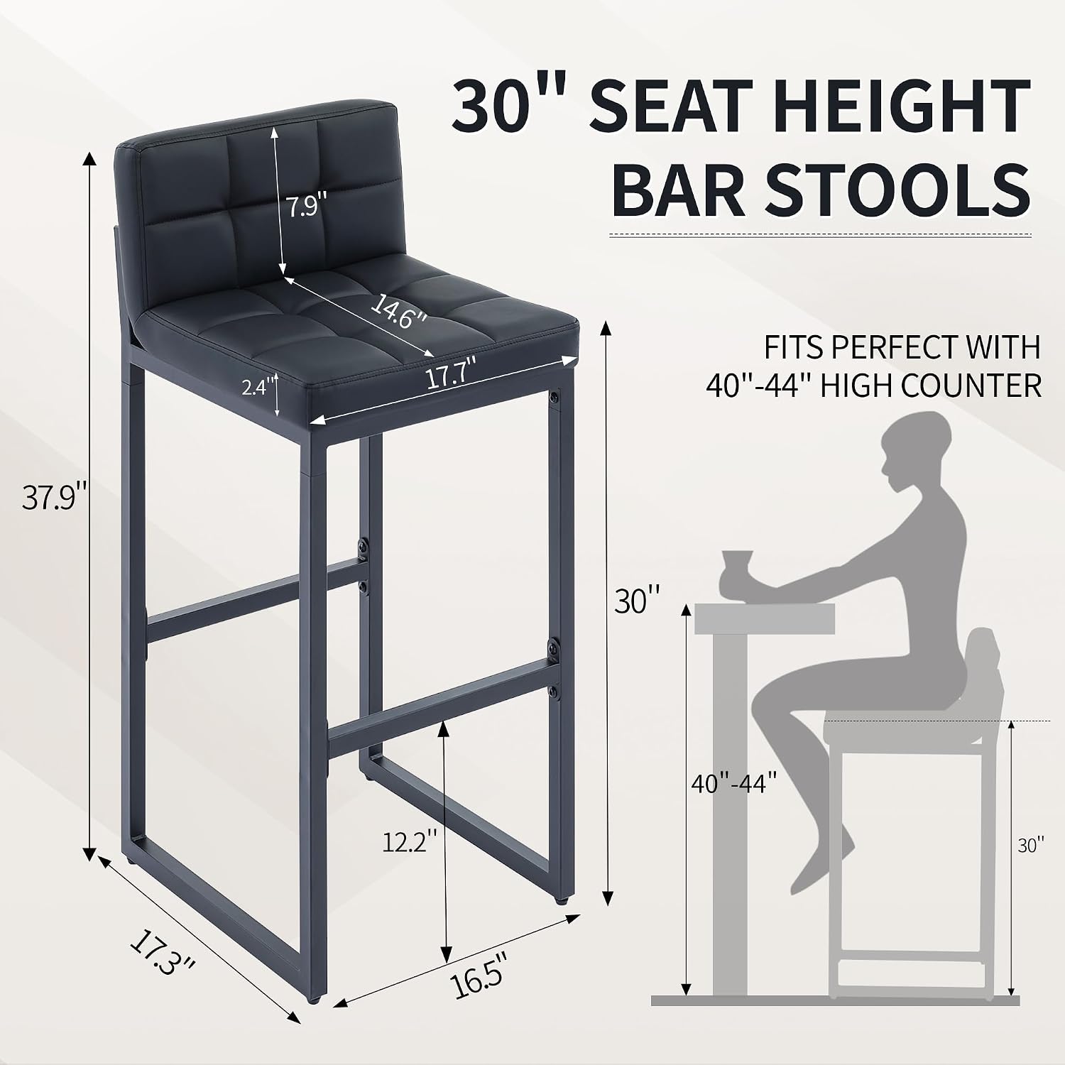 FIRAVOE Bar Height Bar Stools Set of 2, Modern Tall Counter Stool, Faux Leather Barstools with Back, Comfortable 30-inch Seat Height Island Chairs for Kitchen Island (Black, 2Pcs 30" Bar Stools)