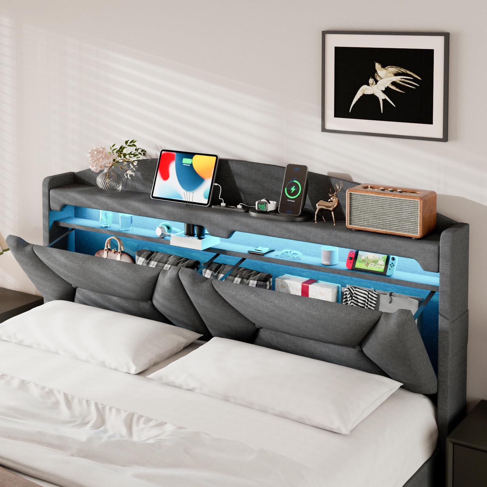 Cama Matrimonio 160x200 con Almacenamiento, Camas Matrimoniales con LED, Puertos USB y Type-C, Canape 160x200 Hidráulico, Cama Matrimonio con Cabecero, Lino, Gris, Colchón No Incluido