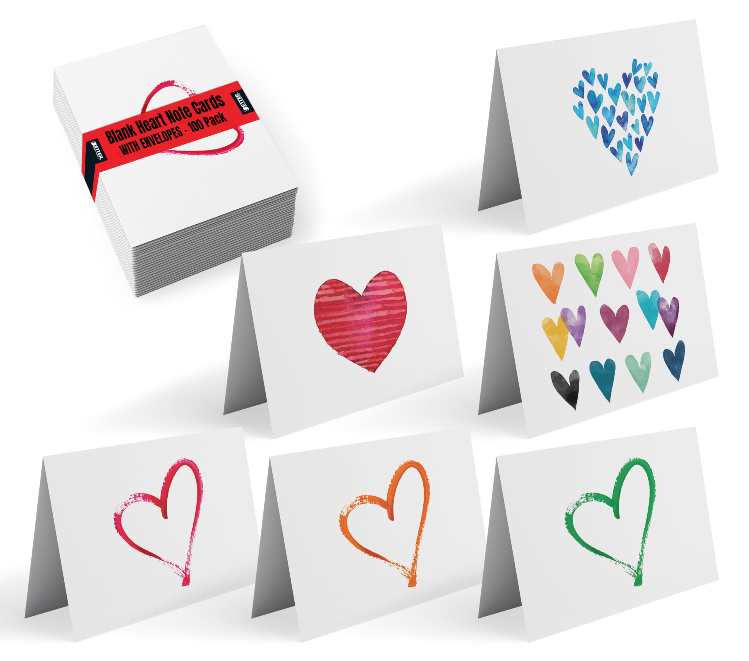 Better Office Products 100-Pack All Occasion Greeting Cards, Assorted Blank Note Cards, 4 x 6 inch, 6 Contemporary Heart Designs, Blank Inside, with Envelopes, 100 Pack