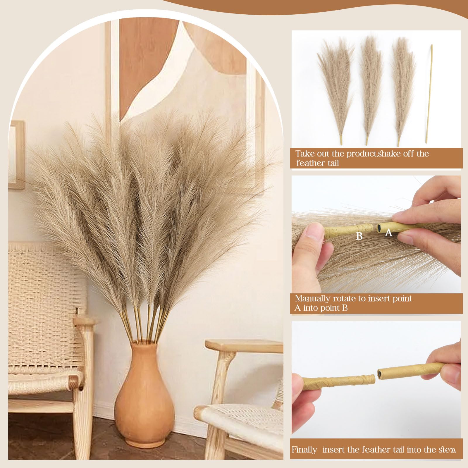 8 pcs Faux Pampas Grass 113CM, Soffice Erba Artificiale Pampas Falso Erba Pomposa per Vaso Home Wedding Decor (marrone)